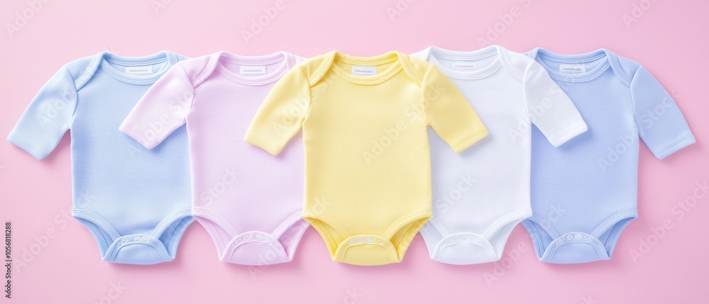 Naklejka premium Flat lay of colorful baby clothes on pink background, cozy onesies and knitwear, cute and playful newborn essentials