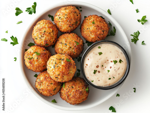 Crispy falafel balls in a bowl with creamy tahini dip and fresh parsley on white background