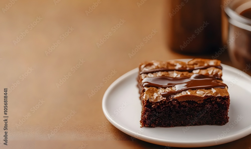 Brownies topped with chocolate sauce on a white plate , Generative AI Brownies topped with chocolate sauce on a white plate , Generative AI