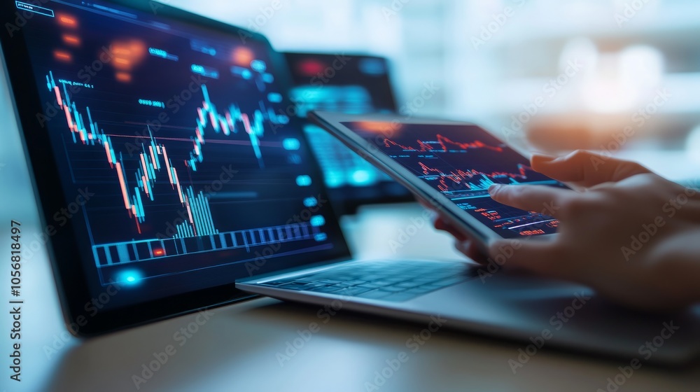 Close-up of a hand holding a tablet with a stock market chart displayed on the screen, while a laptop with a similar chart is visible in the background. Close-up of a hand holding a tablet with a stock market chart displayed on the screen, while a laptop with a similar chart is visible in the background.