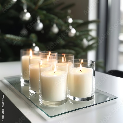 A table with a glass tray holding candles. The candles are lit and are arranged in a row