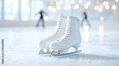 An elegantly designed ice skating rink illuminated by soft, shimmering lights. A pair of skates is positioned prominently in the foreground, capturing the essence of elegance and motion. The