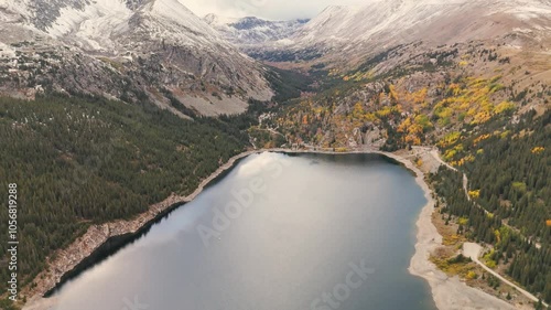 Drone flight over alpine lake in Breckenridge Colorado