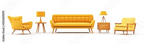 Vibrant Yellow Mid-Century Modern Living Room Set