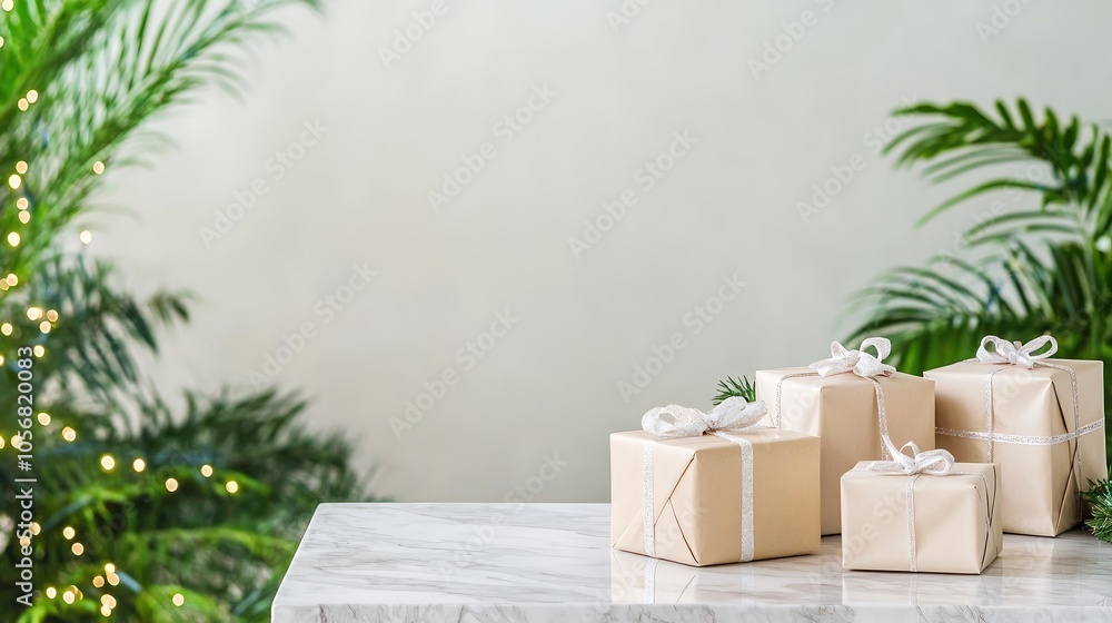 A luxurious holiday shopping scene featuring elegantly wrapped gifts arranged on a polished marble table, adorned with twinkling fairy lights and lush greenery in the background. The atmosphere A luxurious holiday shopping scene featuring elegantly wrapped gifts arranged on a polished marble table, adorned with twinkling fairy lights and lush greenery in the background. The atmosphere