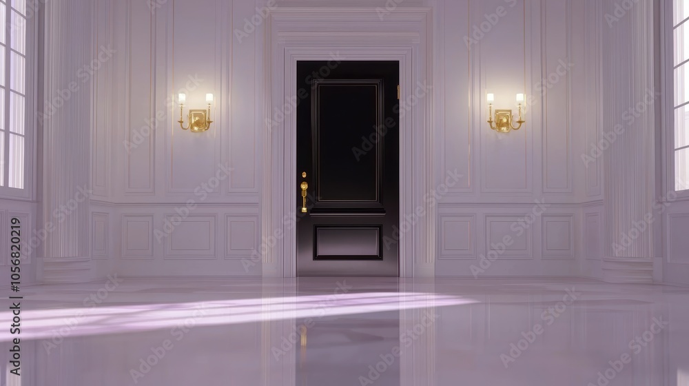 Luxurious entry with black door and brass wall sconces, white paneling, classic and refined interior concept Luxurious entry with black door and brass wall sconces, white paneling, classic and refined interior concept