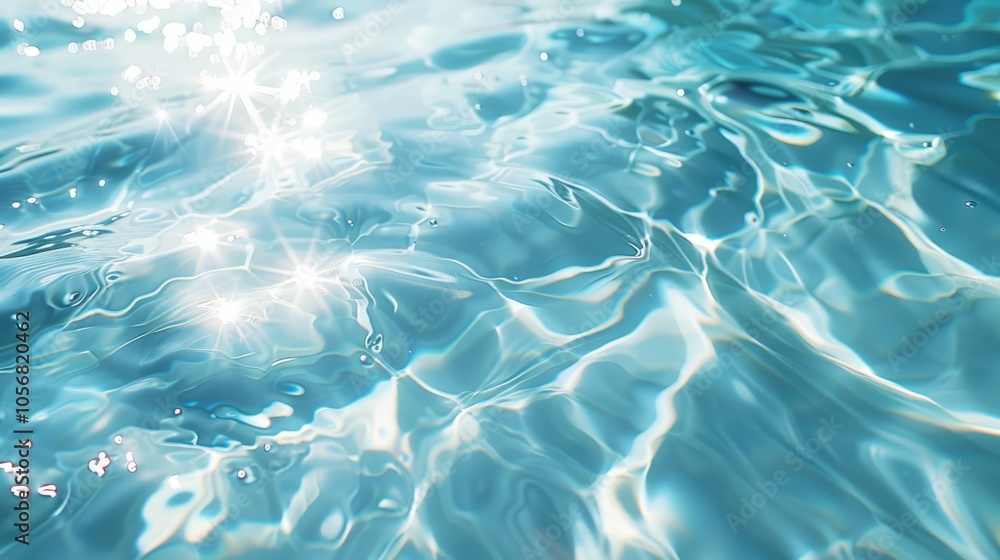 Abstract summer background with clear blue water surface, waves, and sunlight reflections for advertising cosmetic products Abstract summer background with clear blue water surface, waves, and sunlight reflections for advertising cosmetic products