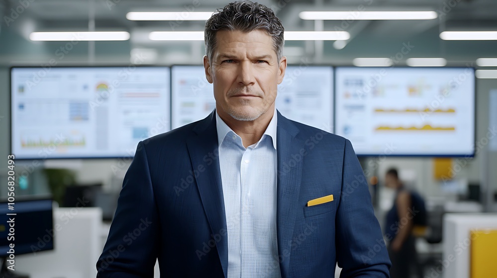 Fototapeta premium Confident business leader in a modern office setting with data analytics on display