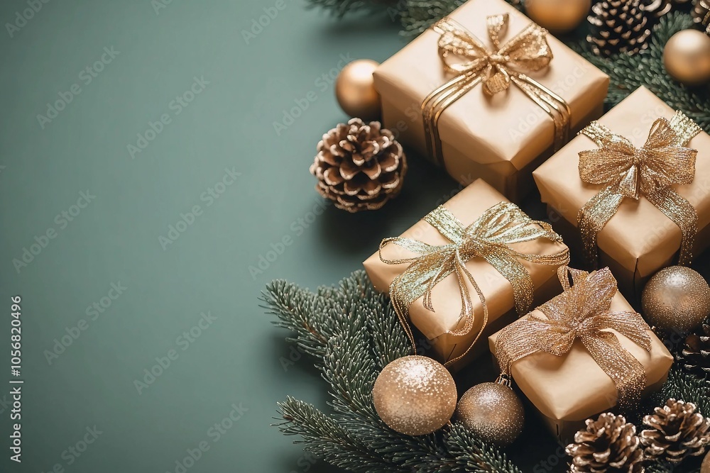 New Year card with Christmas gift boxes and golden decorations on khaki background New Year card with Christmas gift boxes and golden decorations on khaki background