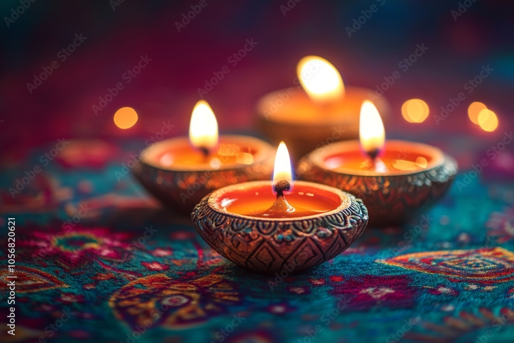 A group of candles are lit in small bowls on a blue cloth. The candles are lit in a row, with the middle candle being the tallest. The candles are lit in a way that creates a warm A group of candles are lit in small bowls on a blue cloth. The candles are lit in a row, with the middle candle being the tallest. The candles are lit in a way that creates a warm