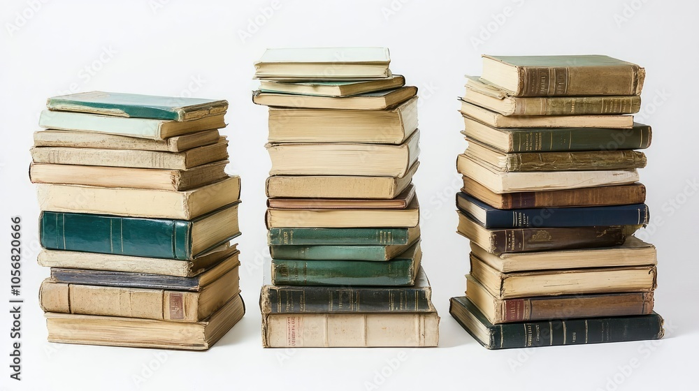 Stacks of Old Hardcover Books Arranged Neatly on a White Surface Generative AI