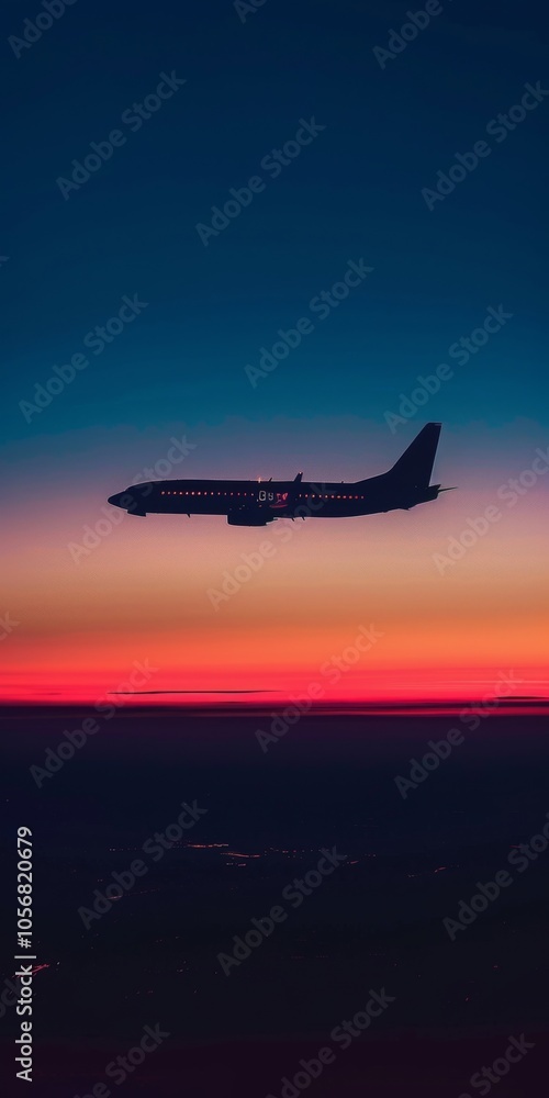 Dark outline of a jet airplane flying against a colorful horizon. Dark outline of a jet airplane flying against a colorful horizon.