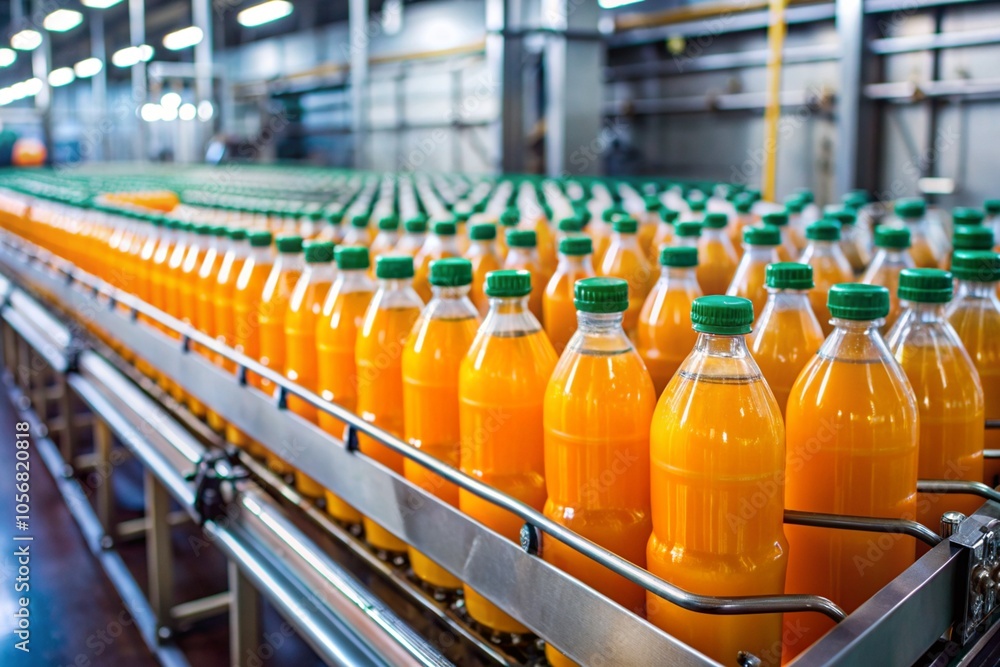 Bottles of orange juice on a conveyor belt Bottles of orange juice on a conveyor belt