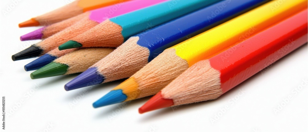 Mixed colored pencils and paintbrushes on white surface, vibrant art tools arrangement, top view, minimal background Mixed colored pencils and paintbrushes on white surface, vibrant art tools arrangement, top view, minimal background