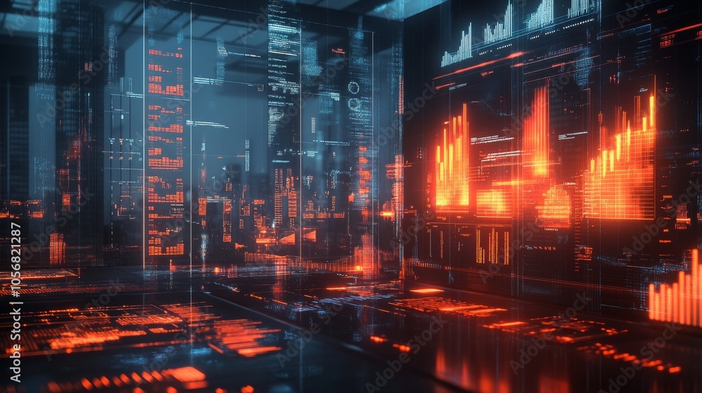 Obraz premium Futuristic Cityscape with Digital Overlays and Data Visualization