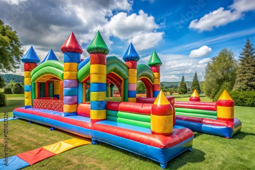 A colorful inflatable castle with a rainbow roof