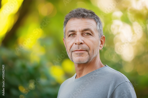 Mature man with a calm expression, wearing a casual t-shirt, standing outside with a green leafy background, representing wisdom and serenity.