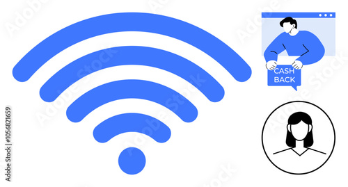 Large blue wireless signal symbol next to a person holding a cash back sign and a female user profile icon. Ideal for technology, online transactions, customer incentives, internet connectivity, user