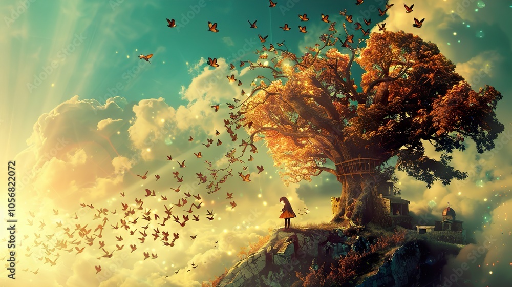 Fototapeta premium Dreamy Landscape with a Girl and a Tree