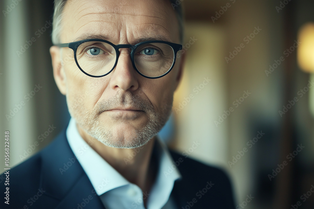 Middle-aged man with glasses and a suit poses confidently in a modern indoor setting, exuding professionalism and expertise. His thoughtful gaze adds depth to the portrait. Middle-aged man with glasses and a suit poses confidently in a modern indoor setting, exuding professionalism and expertise. His thoughtful gaze adds depth to the portrait.