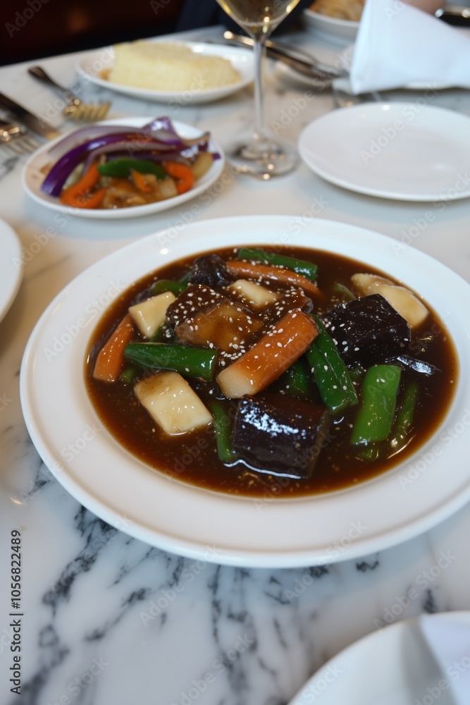 Delicious stir-fried vegetables and beef served in a savory sauce at a restaurant during dinner time Delicious stir-fried vegetables and beef served in a savory sauce at a restaurant during dinner time