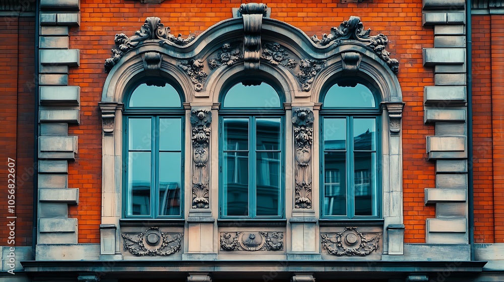 Fototapeta premium Decorative Brick and Stone Architecture with Symmetrical Window Design : Generative AI