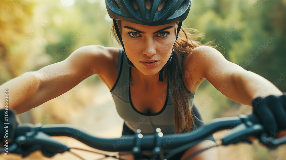 Naklejka premium A determined young woman wearing a helmet intensely focuses as she rides a mountain bike through a forest trail. The image captures strength, focus, and adventure.