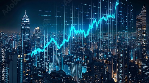 Illuminated Skyline with Financial Graph Showing a Steady Rise in Market : Generative AI photo