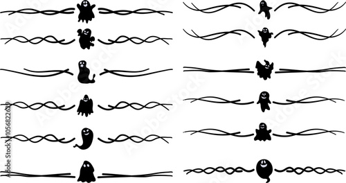 Set of Halloween Ghost Dividers and Borders, Vector Design Elements with Spooky Ghosts and Decorative Lines for Halloween-Themed Graphic Projects