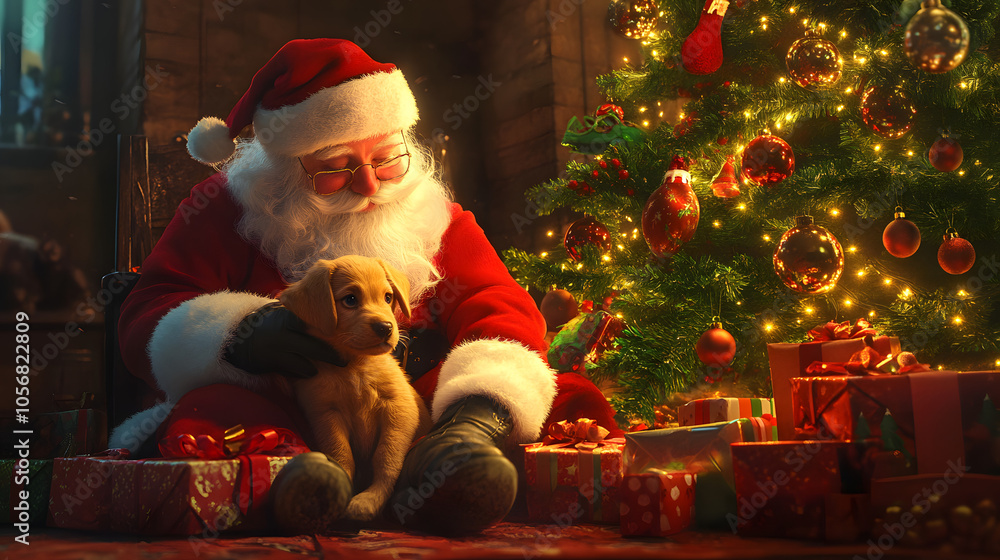 A Santa Claus playing with a puppy under a Christmas tree filled with presents. A Santa Claus playing with a puppy under a Christmas tree filled with presents.