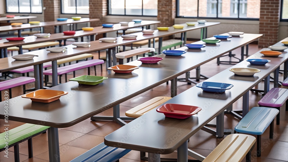 Vibrant School Lunch Table with Colorful Plastic Trays and Benches Vibrant School Lunch Table with Colorful Plastic Trays and Benches