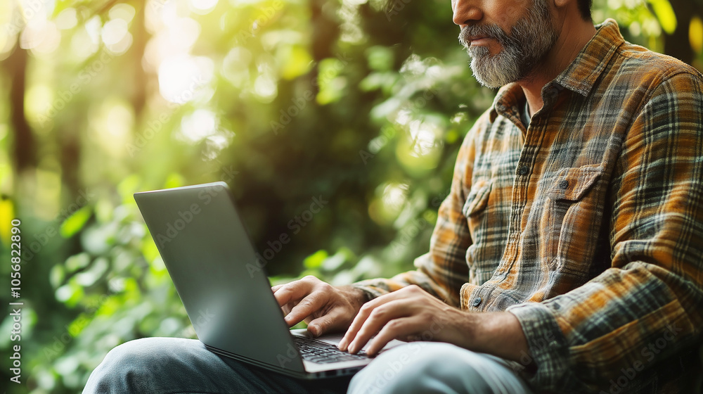 Bearded man working on a laptop in a lush outdoor garden, surrounded by greenery, symbolizing a work-life balance and a peaceful environment. Bearded man working on a laptop in a lush outdoor garden, surrounded by greenery, symbolizing a work-life balance and a peaceful environment.
