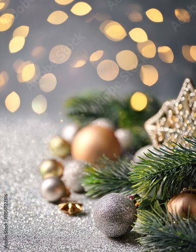 Gray festive background with glitter, Christmas decorations and Bokeh lights photo