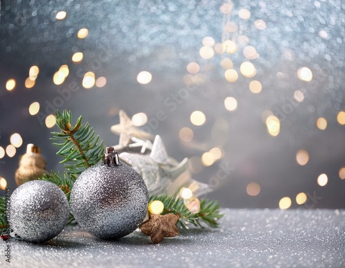 Gray festive background with glitter, Christmas decorations and Bokeh lights photo