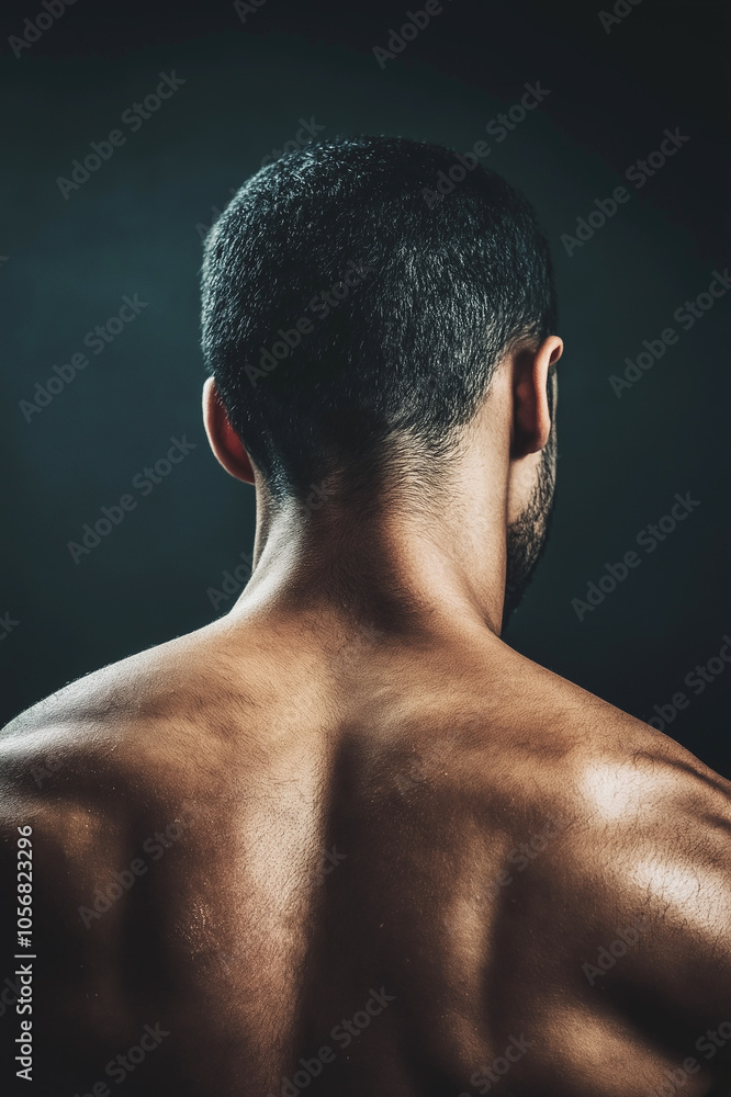 Rear view of a muscular male back against a dark background, showcasing strength and physical fitness. Suitable for fitness and motivational concepts. Rear view of a muscular male back against a dark background, showcasing strength and physical fitness. Suitable for fitness and motivational concepts.