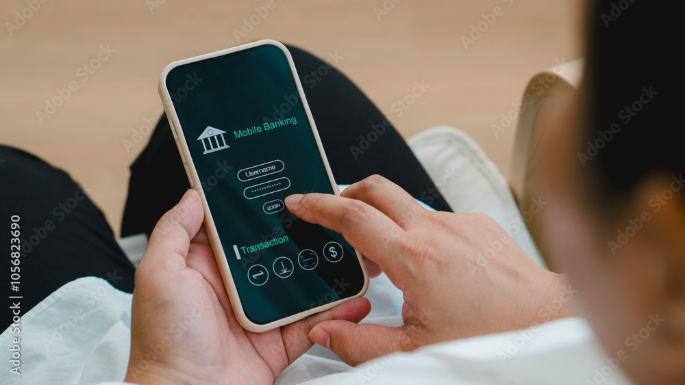 online shopping and payment via mobile banking apps. a woman accessing a mobile banking app on her smartphone, Internet bank, money transaction, fintech, Digital banking network, internet payment