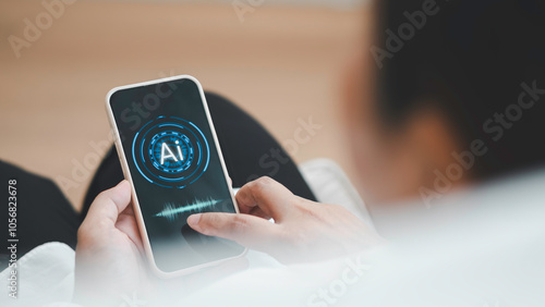 Obraz na płótnie hand holding smart phone voice command with digital Artificial intelligence AI, technology smart robot AI, artificial intelligence for idea and generates. w salonie