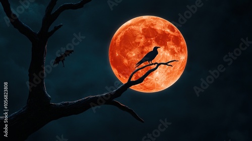 Layered halloween background featuring a dark moonlit scene with a crow and bat silhouettes on high-quality paper texture photo