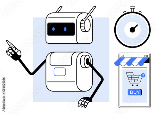 Friendly robot pointing, shopping cart on smartphone, and timer. Ideal for e-commerce technology, automation, AI, online shopping, and time management themes. Minimalist and modern style