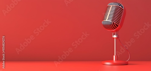 Single microphone with coiled cable on red background, minimalist design, vibrant stage or recording concept photo