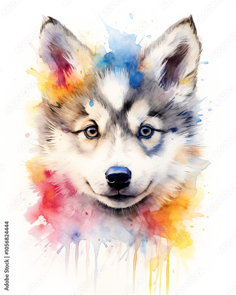 Experience the beauty of a multicolor baby husky watercolor through Puppy Prints