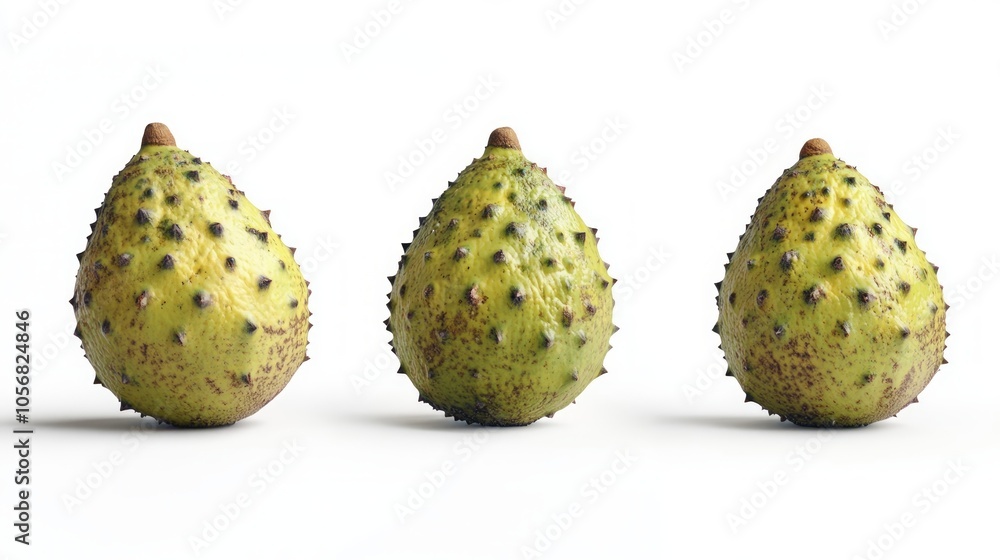 Three whole green soursop fruits with spines arranged in a row on a white background. Three whole green soursop fruits with spines arranged in a row on a white background.