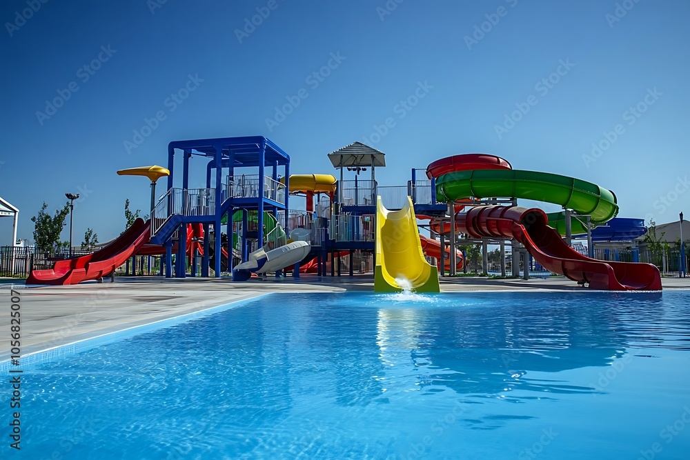Aquapark sliders with pool. colored plastic water slides with pool in outdoor aqua park. Aquapark sliders with pool. colored plastic water slides with pool in outdoor aqua park.