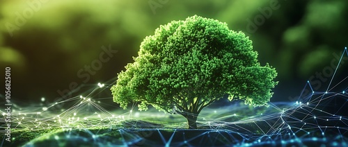 Digital Representation of Nature and Technology Fusion with Vibrant Green Tree : Generative AI