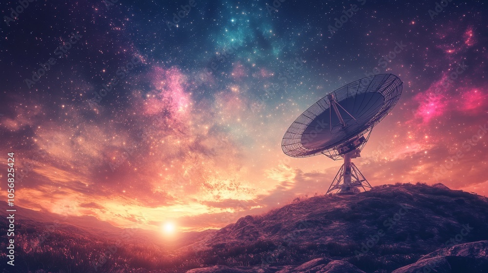 Distant Planet Satellite Dish Under Cosmic Sky Distant Planet Satellite Dish Under Cosmic Sky