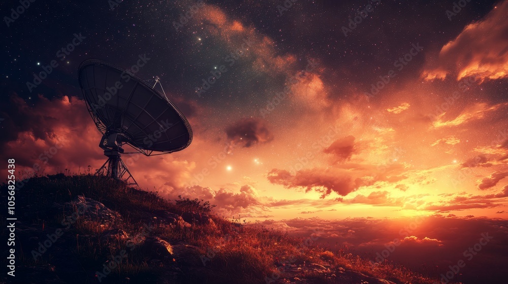 Satellite Dish Against Distant Planet and Sunset Satellite Dish Against Distant Planet and Sunset