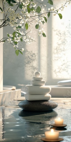 A white stone pyramid sits on a rock in a bathtub. The bathtub is surrounded by candles and the water is calm. The scene is serene and peaceful, creating a relaxing atmosphere