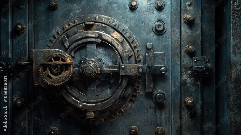 Vault door with gears and levers, intricate security system Vault door with gears and levers, intricate security system