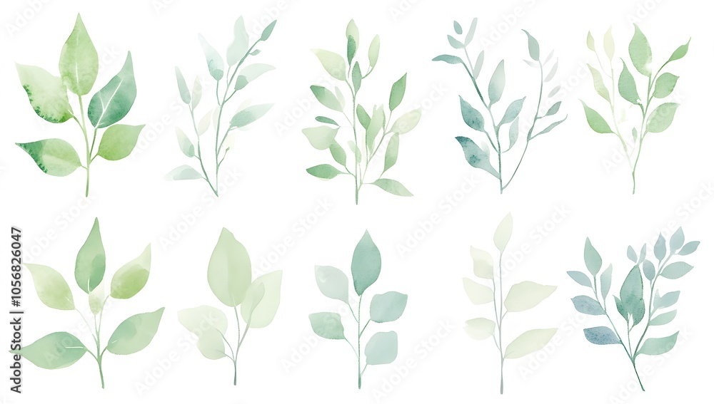 Gentle Watercolor Green Leaves and Plant Sprigs
Gentle Watercolor Green Leaves and Plant Sprigs