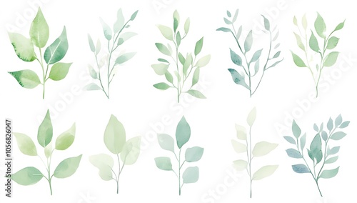 Gentle Watercolor Green Leaves and Plant Sprigs 